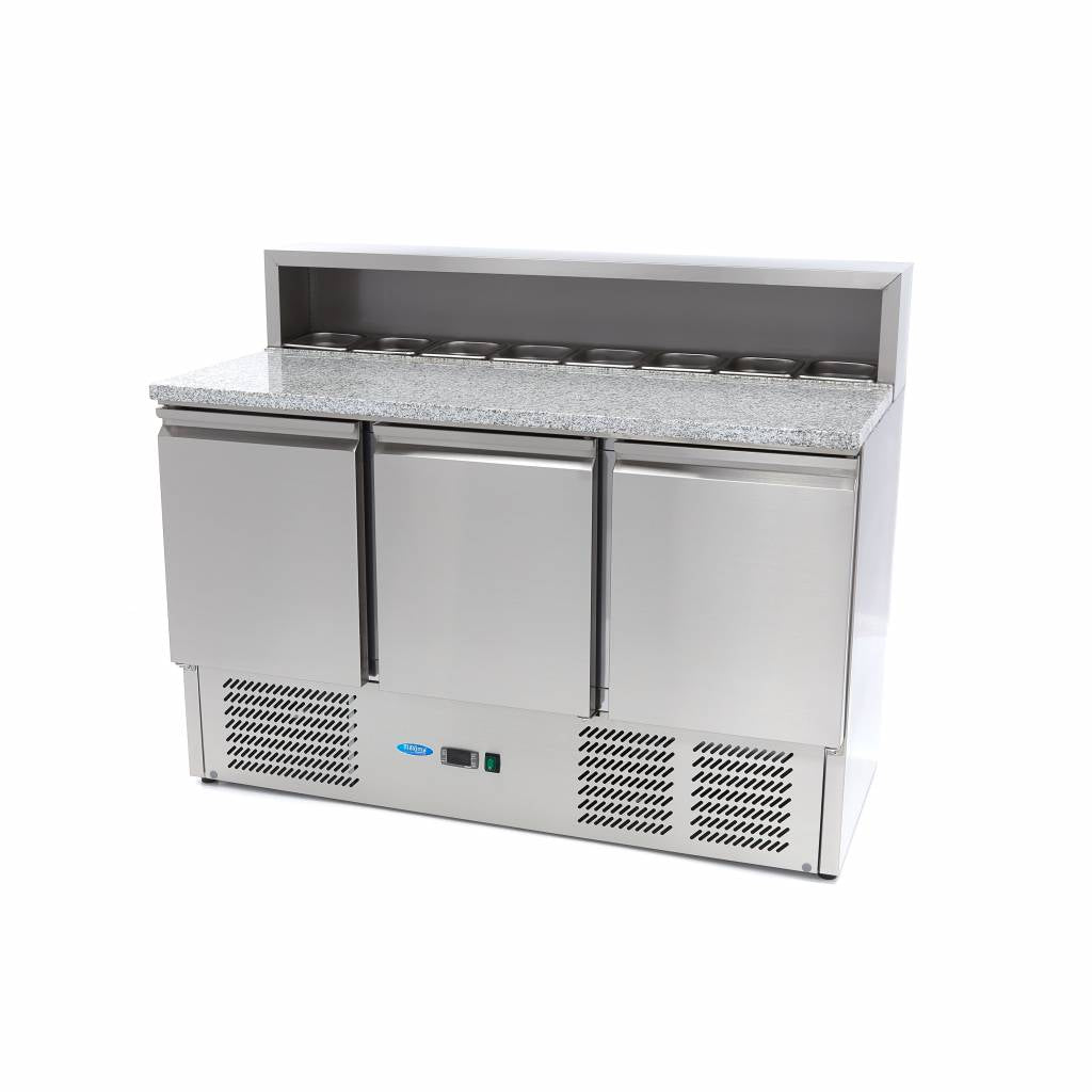 Réfrigérateur pour la préparation des pizzas - 137 cm - 3 portes - s'adapte à 8 x 1/6 GN - incl couvercle en acier inoxydable